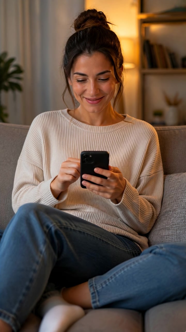 Giovane donna seduta su un divano imbottito che usa lo smartphone con entrambe le mani in un accogliente soggiorno, toccando e scorrendo prima di fermarsi con lo sguardo rivolto verso l'alto, luce calda e soffusa intorno a libri, pianta, tenda e