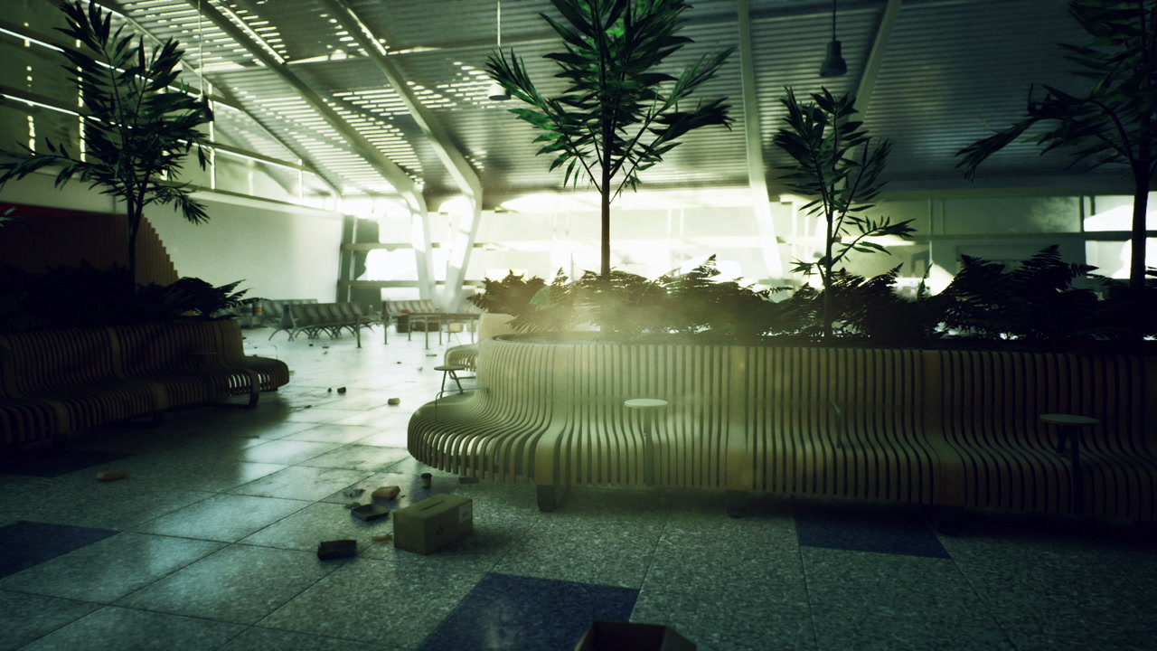 Illumination highlights overgrown furniture and mossy surroundings