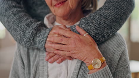 love, hug and hands of senior couple closeup