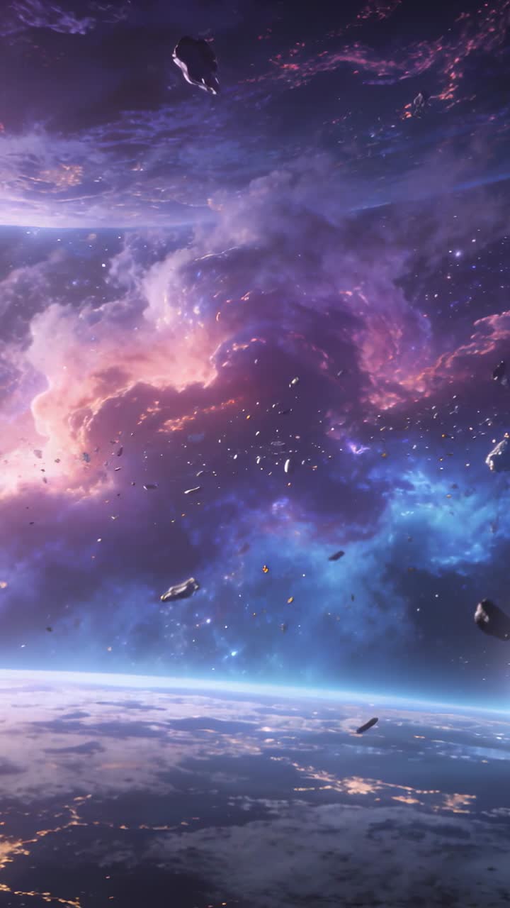 Vertical video: Moving cam revealing orbit planet horizon with nightlights showing nebula and rocks
