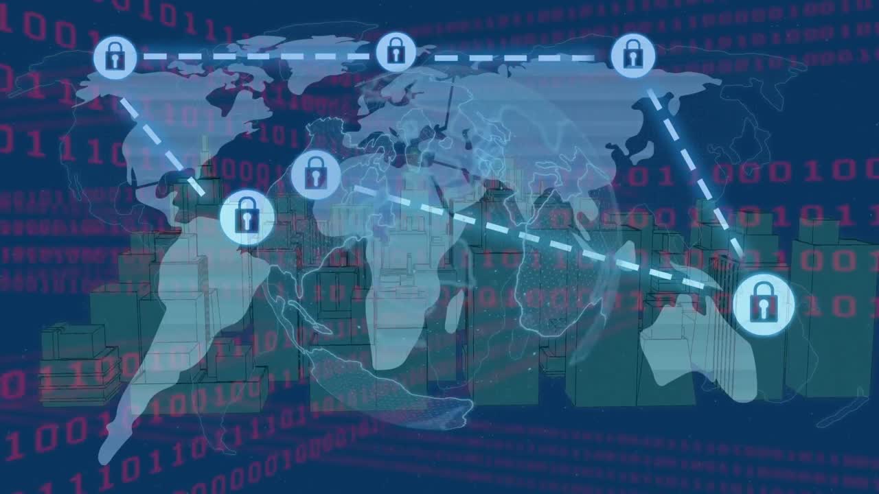 세계 지도와 데이터 처리를 통한 연결 네트워크의 애니메이션