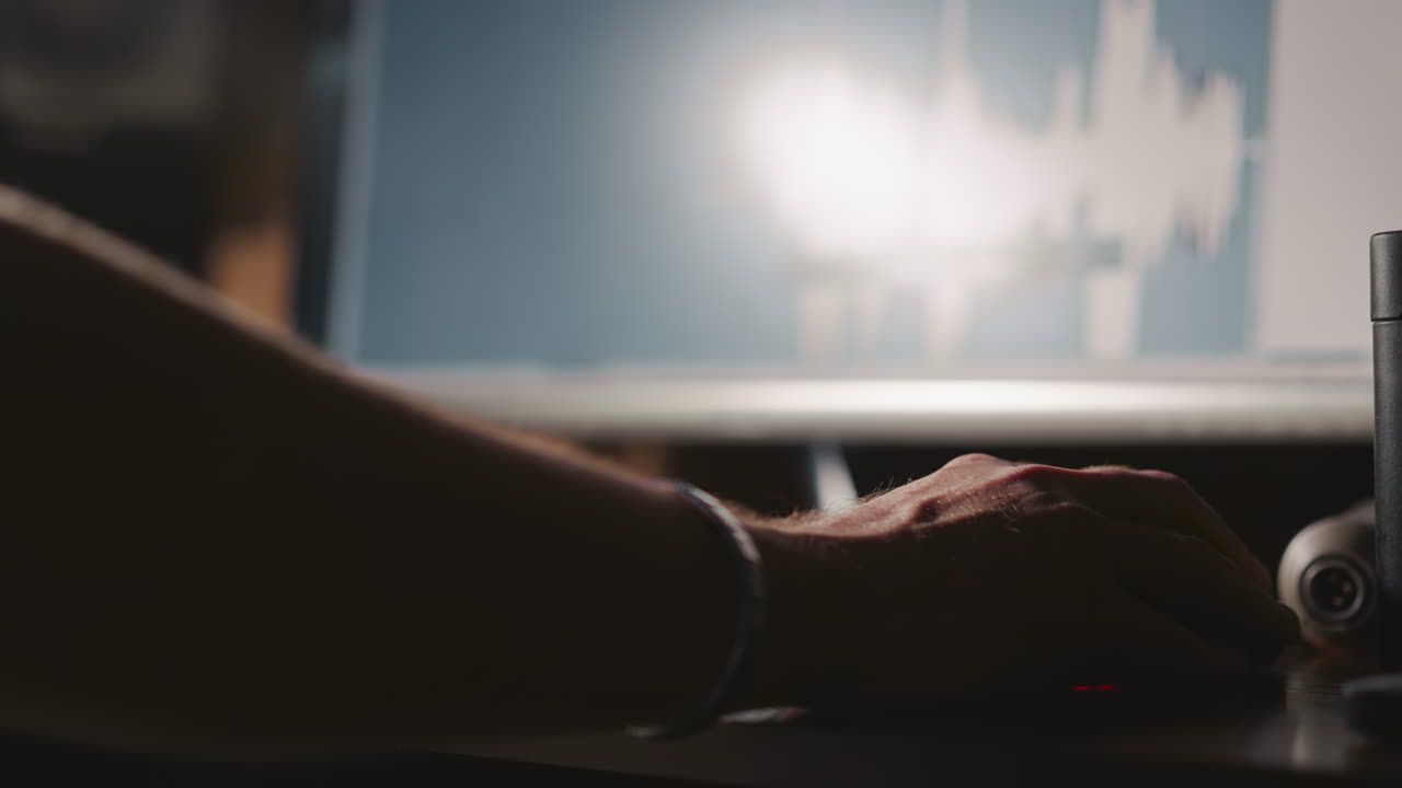 Audio producer crafts music in recording studio. Man hand grasps lever on control board overseeing computer monitor. Musical innovation of sound production