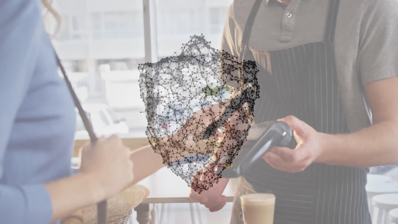 결제 터미널을 사용하는 사람들에 대한 보안 방패와 연결 네트워크의 애니메이션