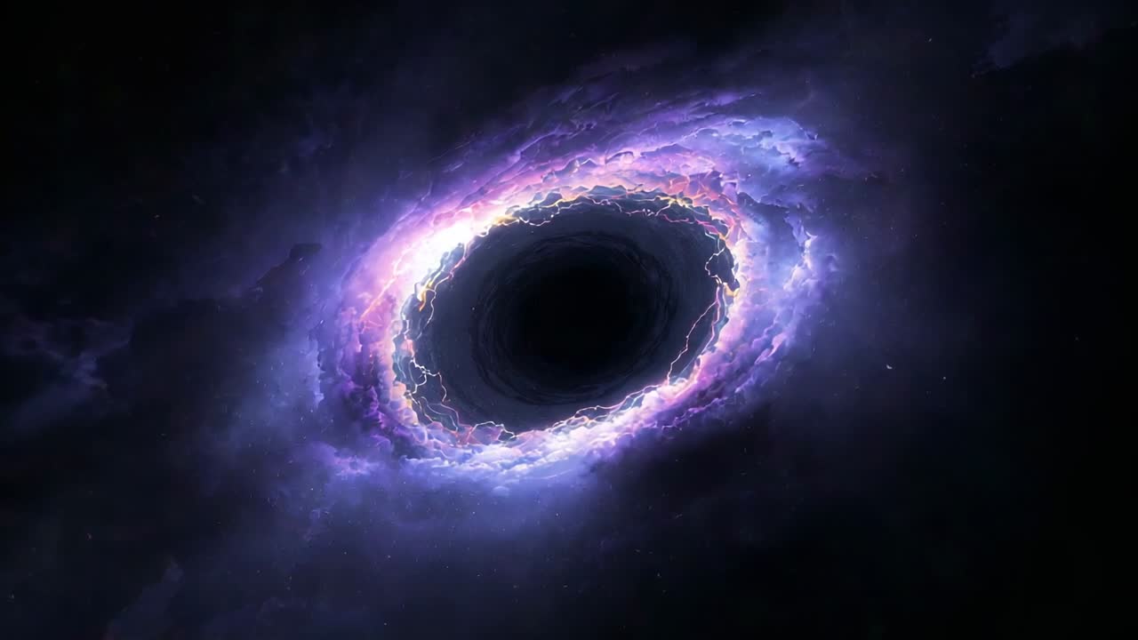 Emerging cosmic vortex pulsing and rotating in space, with flickering arcs, swirling clouds