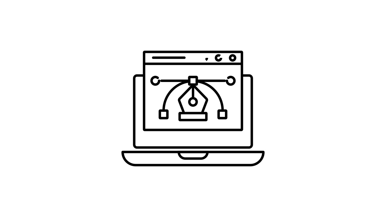 Portátil animado mostrando software de diseño gráfico con herramienta de pluma