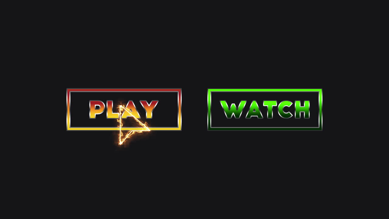 Two shiny metallic videogame buttons, Play and Watch, with a burning cursor choosing between the two