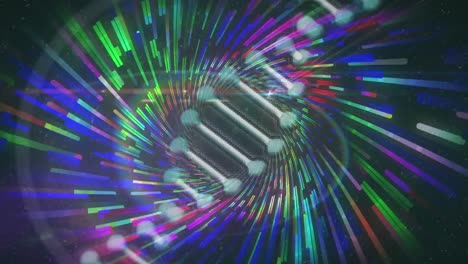 Animation-of-dna-rotating-over-colorful-lights-in-background