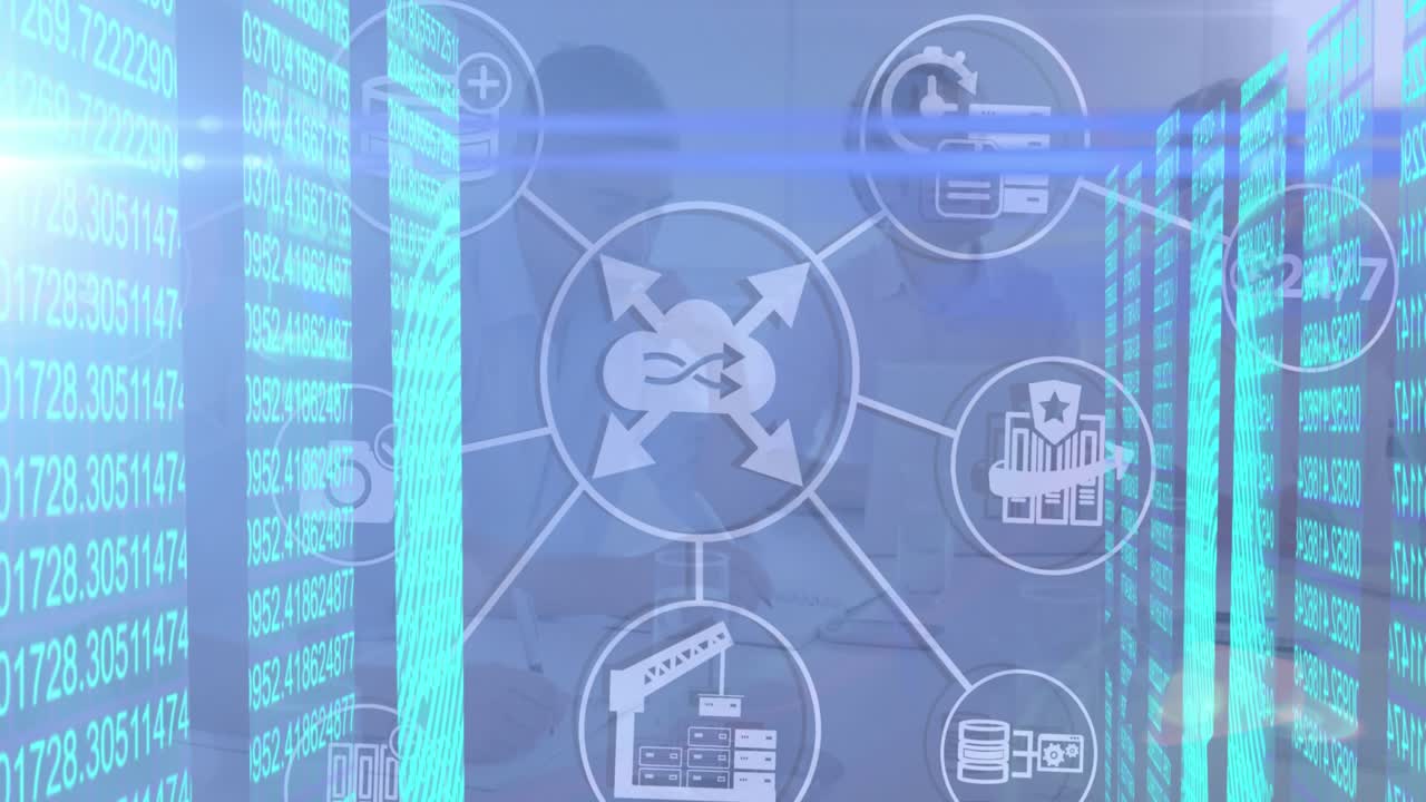 Animation of data processing and digital icons over grid