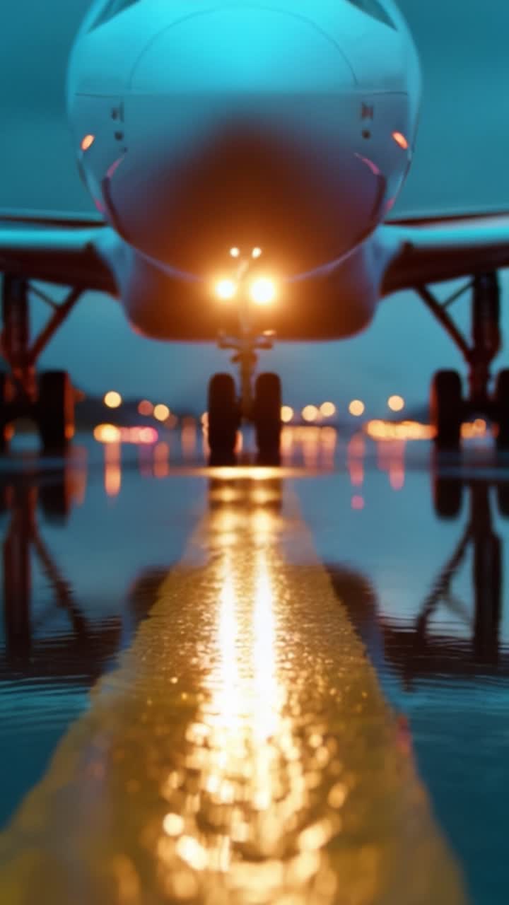 Illuminated Aircraft on a Rainy Runway with Reflections, Capturing the Essence of Aviation in a Moody, Atmospheric Setting During Airplane Takeoff Preparations