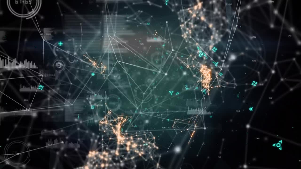 Digital animation of network of connections and data processing against black background