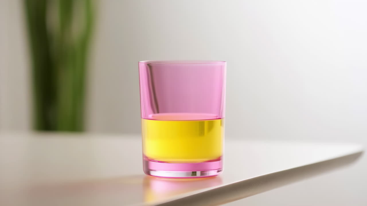Bicchiere rosa con liquido giallo su mensola bianca, natura morta illuminata da studio con bicchiere rosa traslucido mezzo pieno.