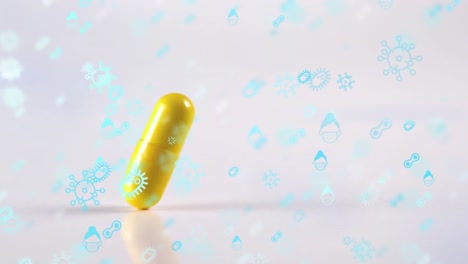 animation of multiple covid-19 icons over falling yellow pill on the white background