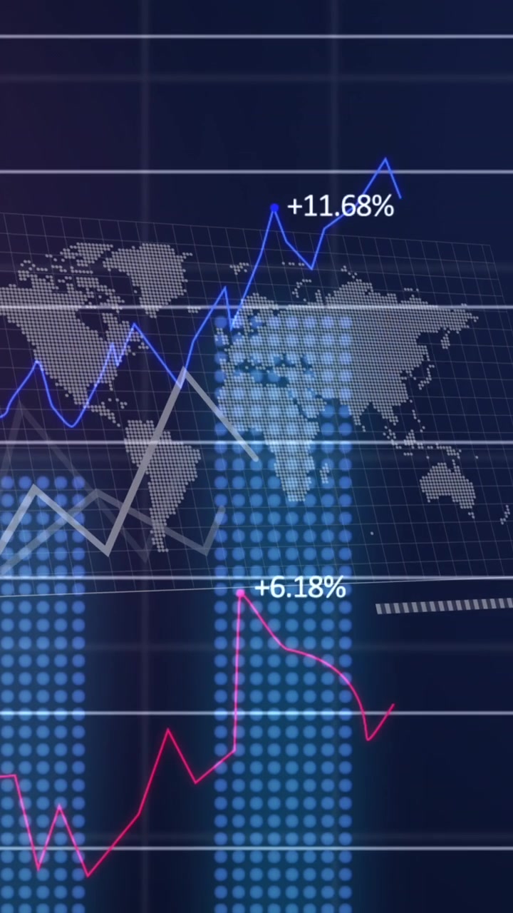 Animação de processamento de dados de mercado estatísticos sobre rede em grade em fundo azul