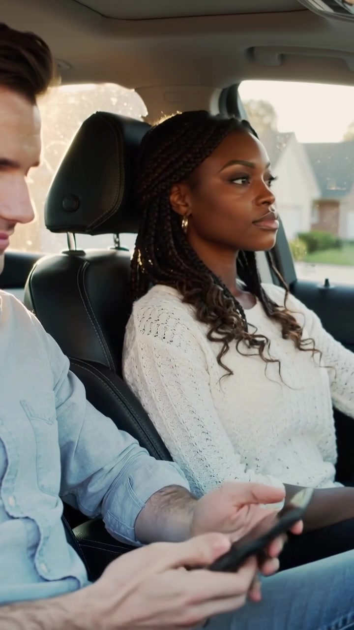 Video verticale: Conducente che lancia un'occhiata, spostando lo sguardo dal telefono del passeggero al volante, con un maglione bianco e orecchini a cerchio.