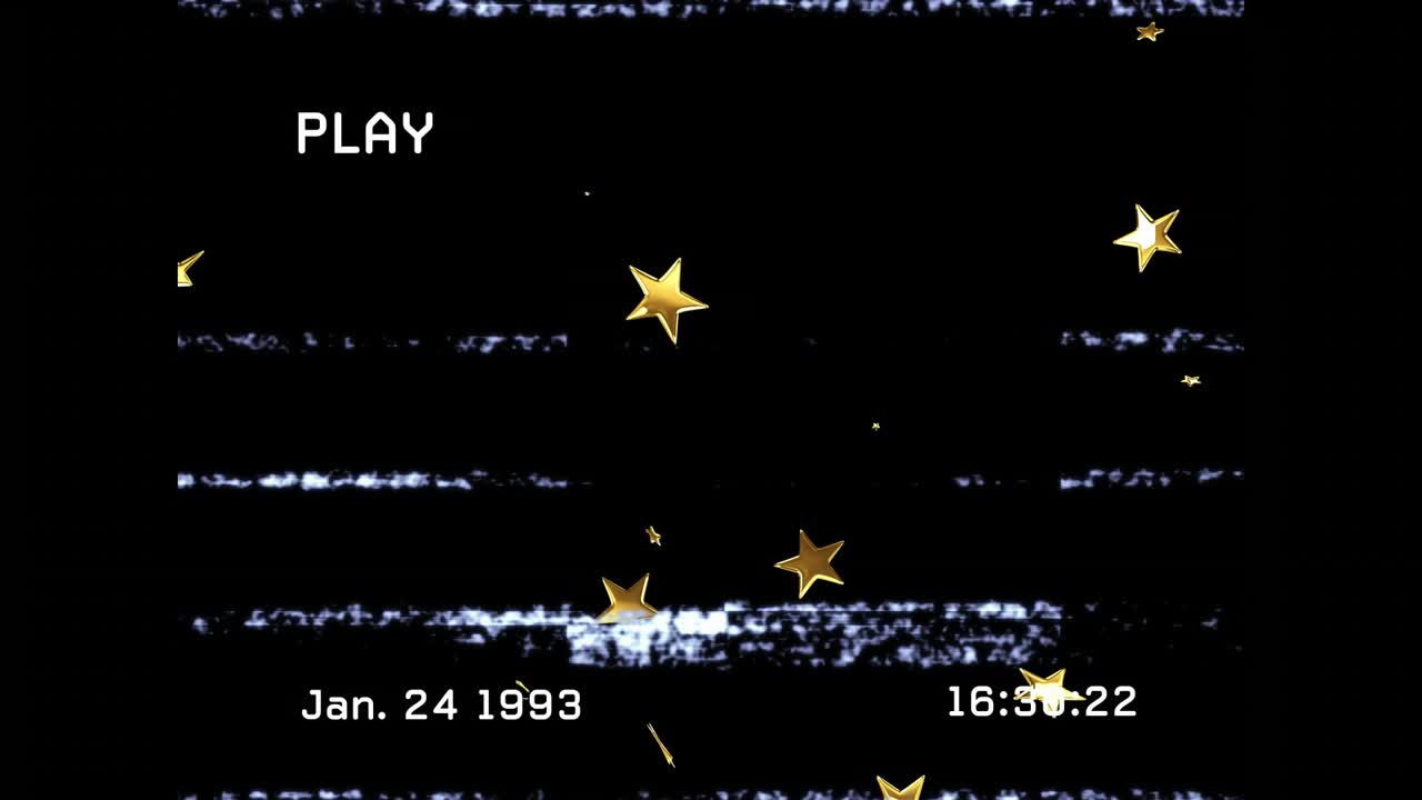 Pressing PLAY starting playback gold stars moving scanlines flashing time advancing for retro VHS