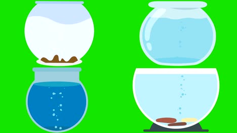 different empty cartoon fish tanks on a green screen