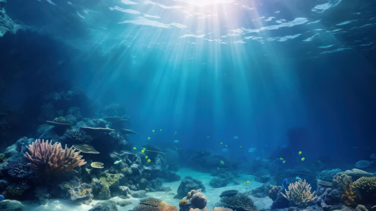 Underwater video scene with a wide-angle view of coral reefs and fish, bathed in sunlight rays