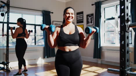 Two Women Working Out at Home with Dumbbells