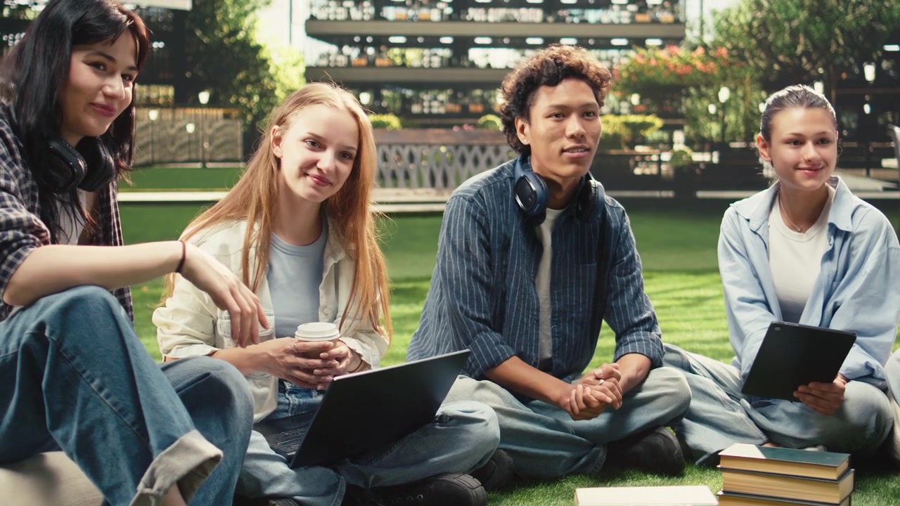 Portrait of students in group study session talking on campus
