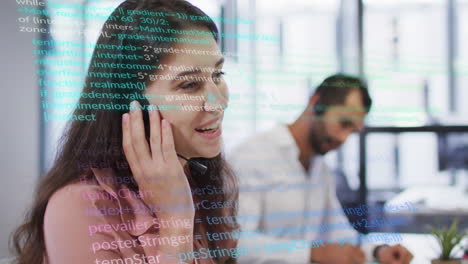 Smiling-woman-on-phone-with-programming-code-animation-over-office-background