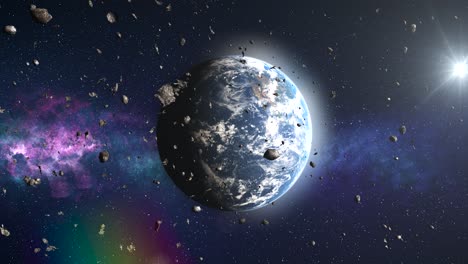 earth surrounded by asteroids in space