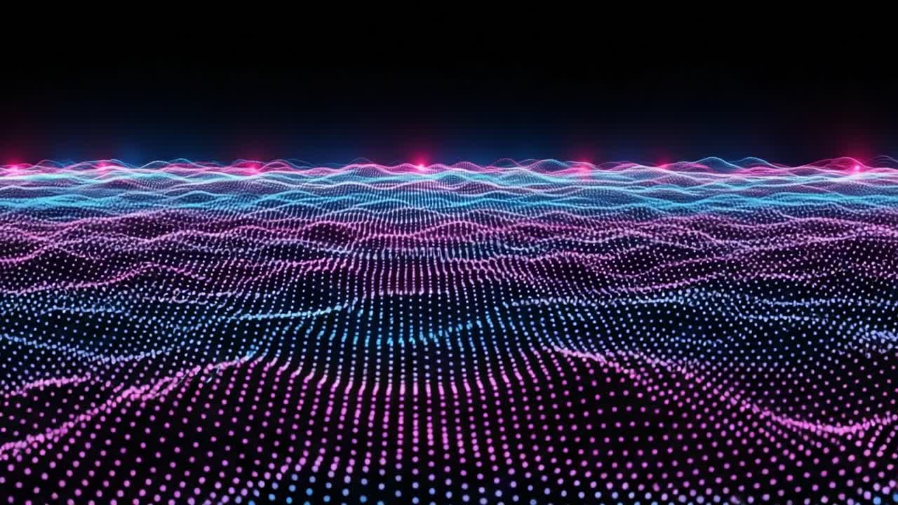 Dynamic Visuals of a Colorful Data Landscape with Striking Waves of Blue and Pink Lights in a Dark Background, Creating an Engaging Digital Aesthetic Experience