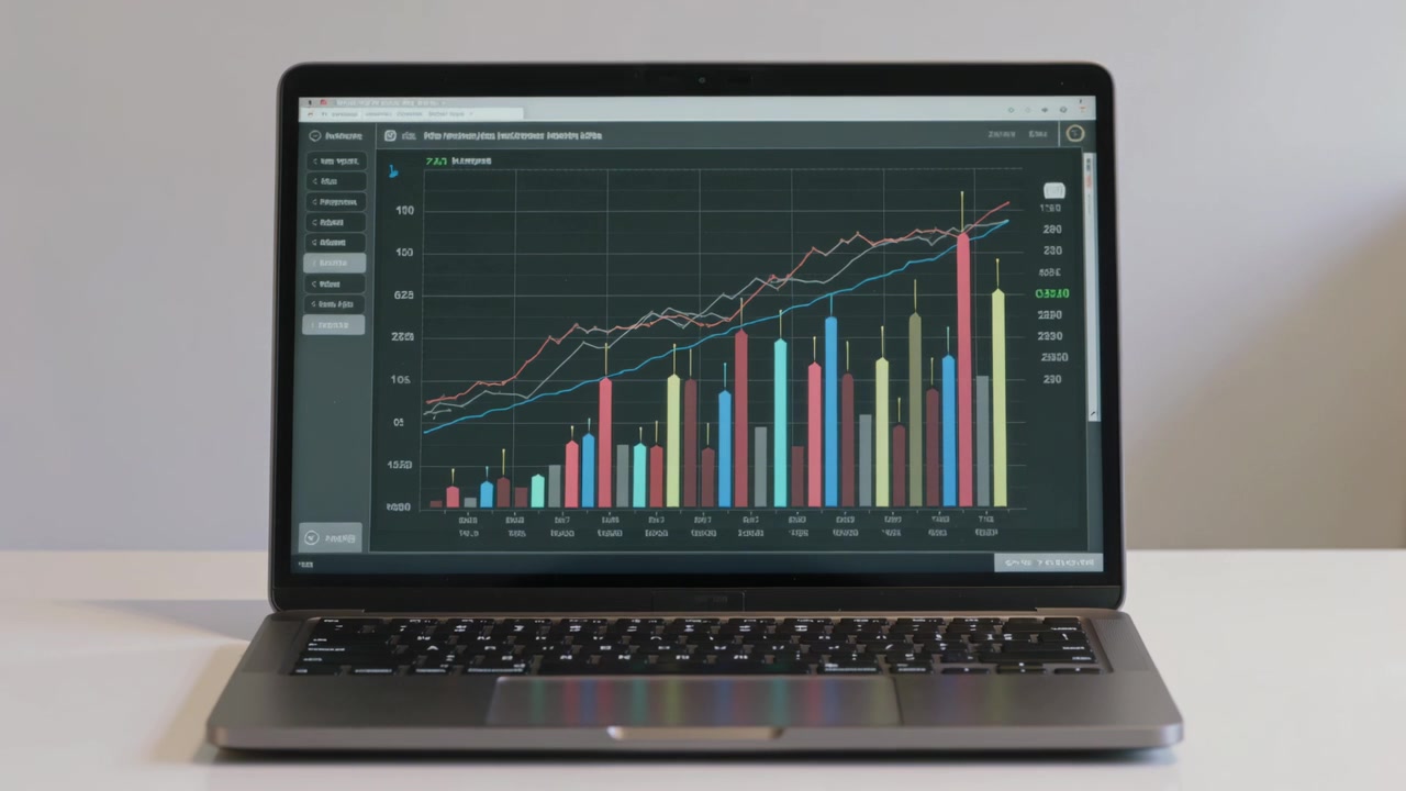 Showing analytics chart on laptop reacting to update on white table, lines rising and bars growing