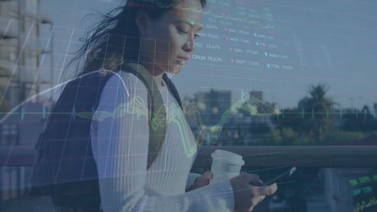 Animation of data processing over biracial woman using smartphone