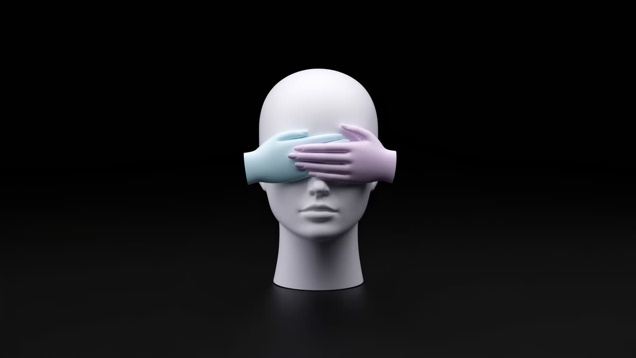 Mannequin head with hands covering eyes