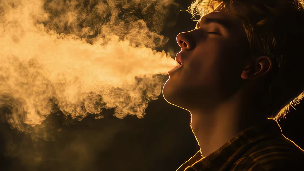 Blond young man exhaling vapor in warm, golden light, creating dramatic mood with soft shadows and contemplative expression against dark background