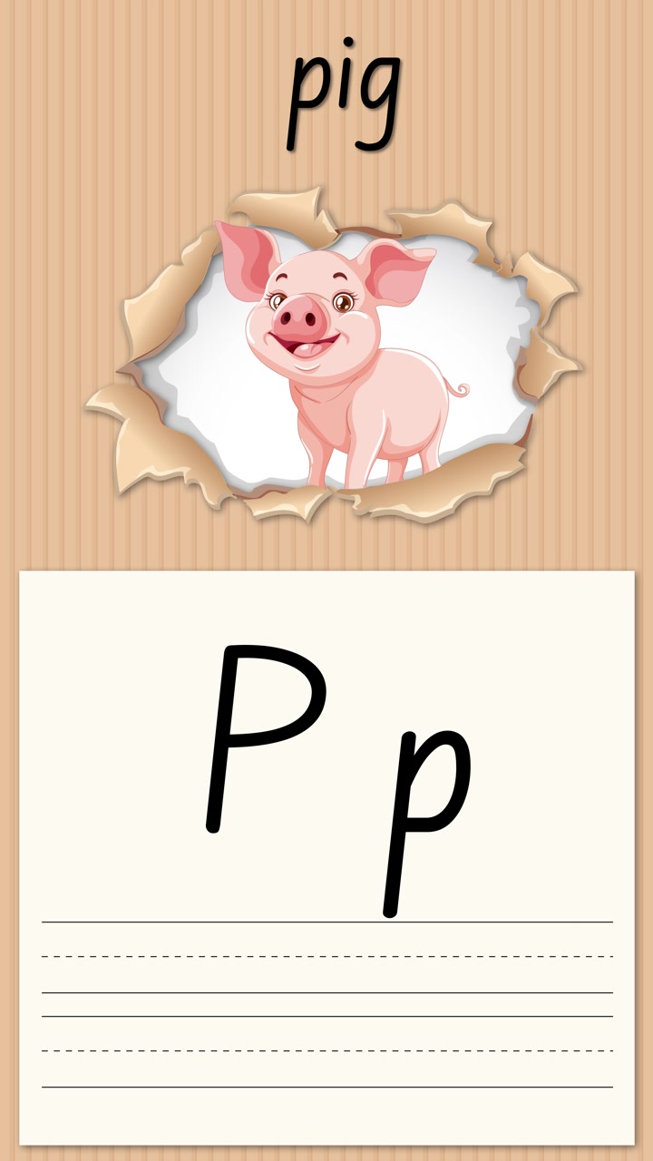 Video verticale animato insegna ai bambini la lettera P usando un maiale e linee per la pratica della scrittura a mano.