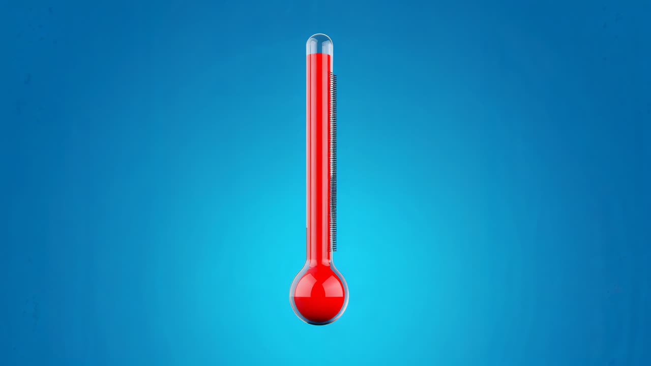Recording glass thermometer climbing with gradual warming in studio, red liquid column rising