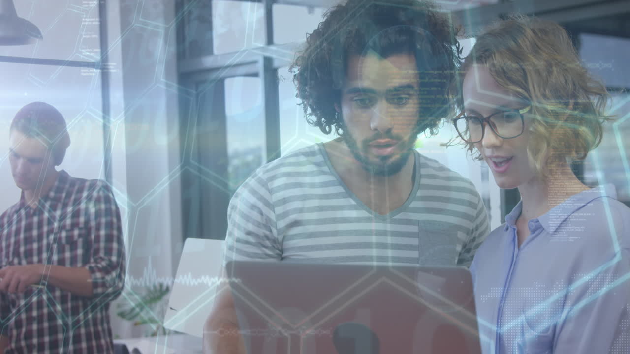 Animation of data processing over business people in office