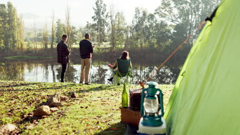 Fishing,-camping-and-friends-by-lake-in-nature