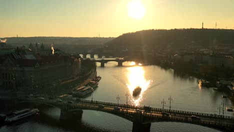 prague, looking west over svatopluk čech bridge, vltava river, czech republic, drone