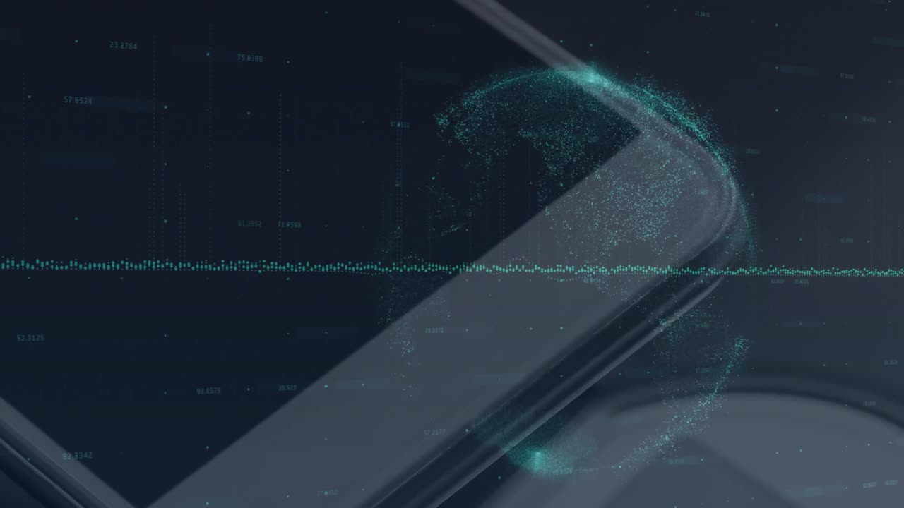 Animation of glowing globe of connections and data processing over smartphone