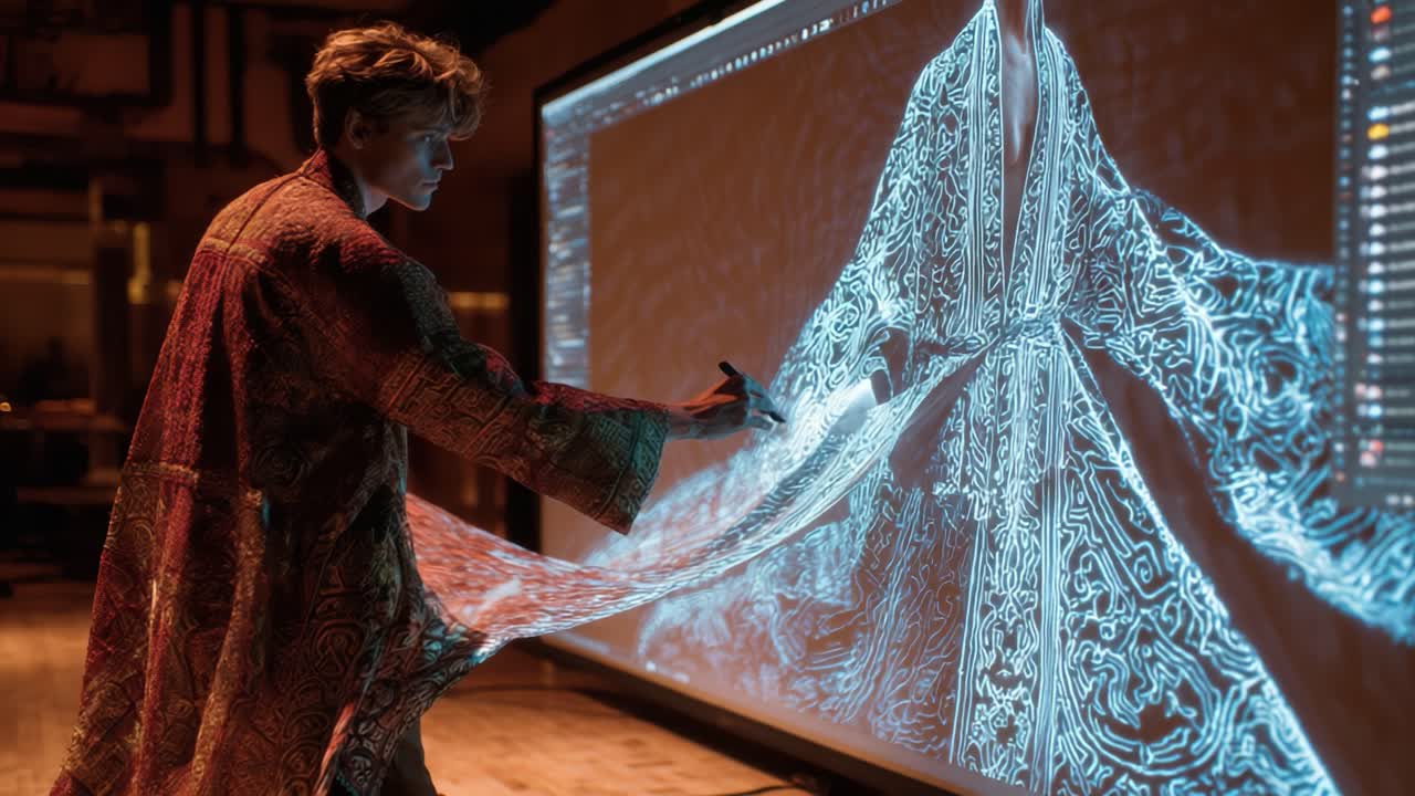 An Artist Captivatingly Interacts with a Digital Display, Unveiling a Stunningly Detailed Robe Design Through Dynamic Gestures, Blending Traditional Craftsmanship with Modern Technology in a Creative Fusion