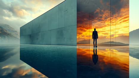 modern architecture meets stunning sunset reflection in nature's embrace