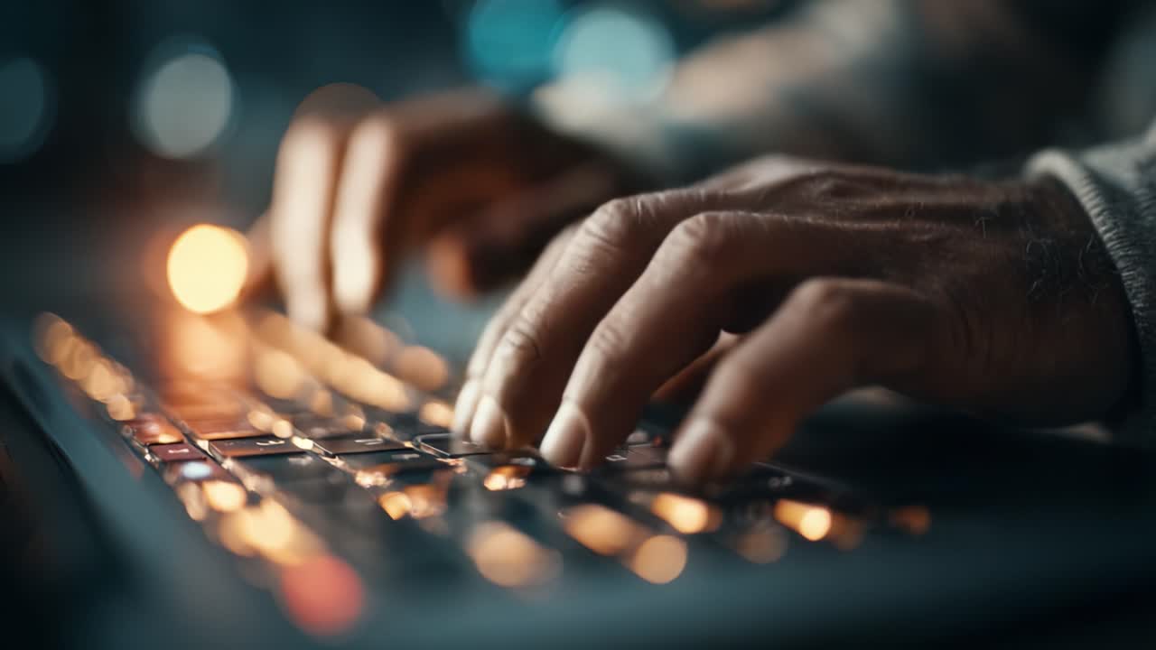 A Close-Up Look at Hands Typing on a Backlit Keyboard, Capturing the Intricacies of Digital Interaction Amidst a Dynamic Background of Soft Bokeh Lights