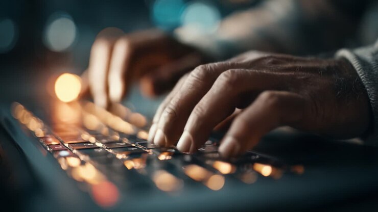 A Close-Up Look at Hands Typing on a Backlit Keyboard, Capturing the Intricacies of Digital Interaction Amidst a Dynamic Background of Soft Bokeh Lights