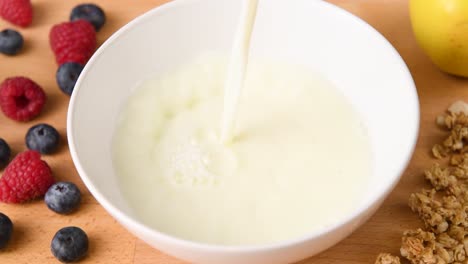 pouring milk into a bowl for cereal breakfast