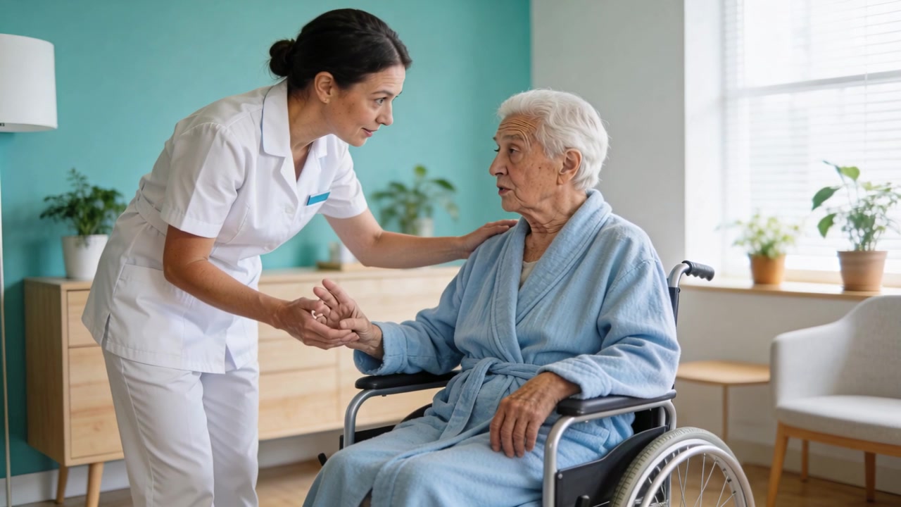 Eine sich vorbeugende Krankenschwester hält einen Senior im Rollstuhl, fasst dessen Hand und beruhigt ihn im Pflegezimmer, in Kasack und Bademantel.