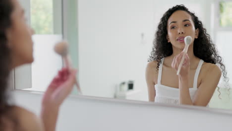 woman, face and brushing makeup for beauty