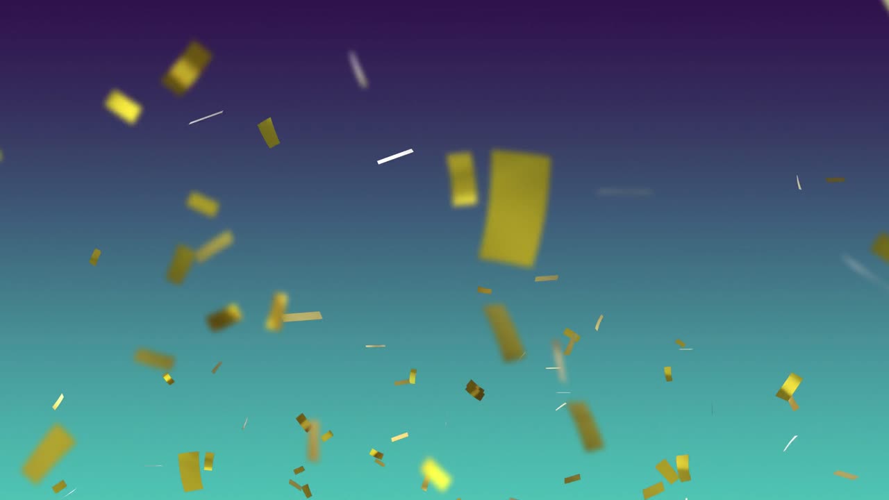 Animasi confetti berjatuhan di atas latar belakang gradien biru