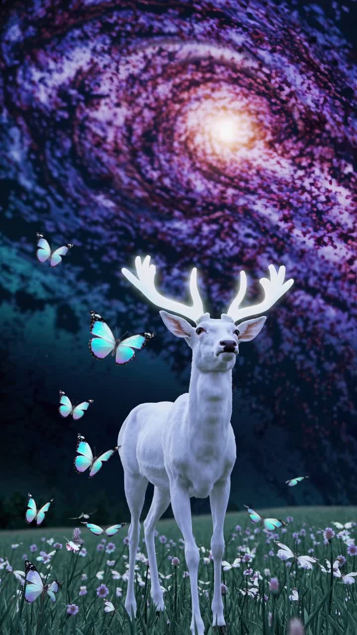 A mystical video scene of a glowing white deer and butterflies under a swirling galaxy