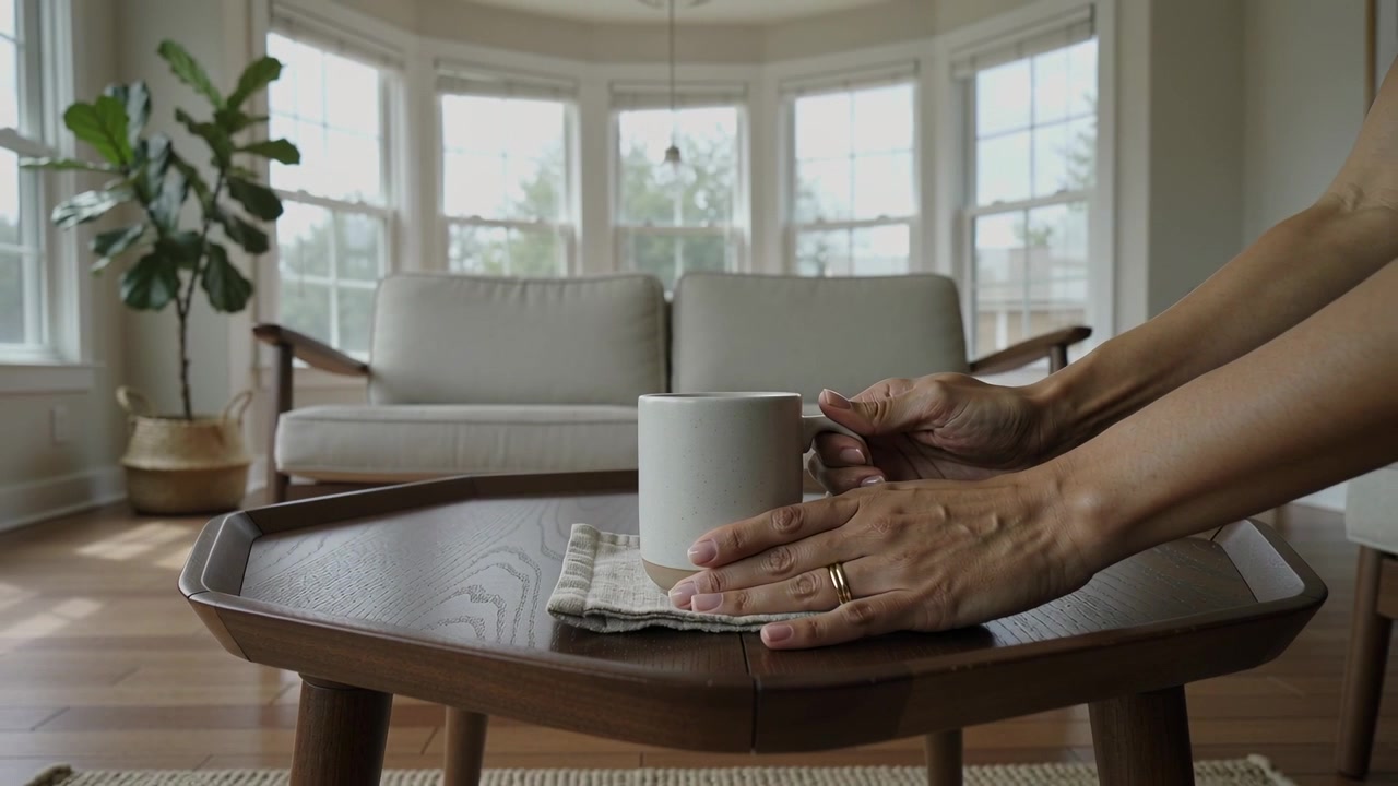 Entering right, hands placing white mug onto wooden table resting on linen napkin
