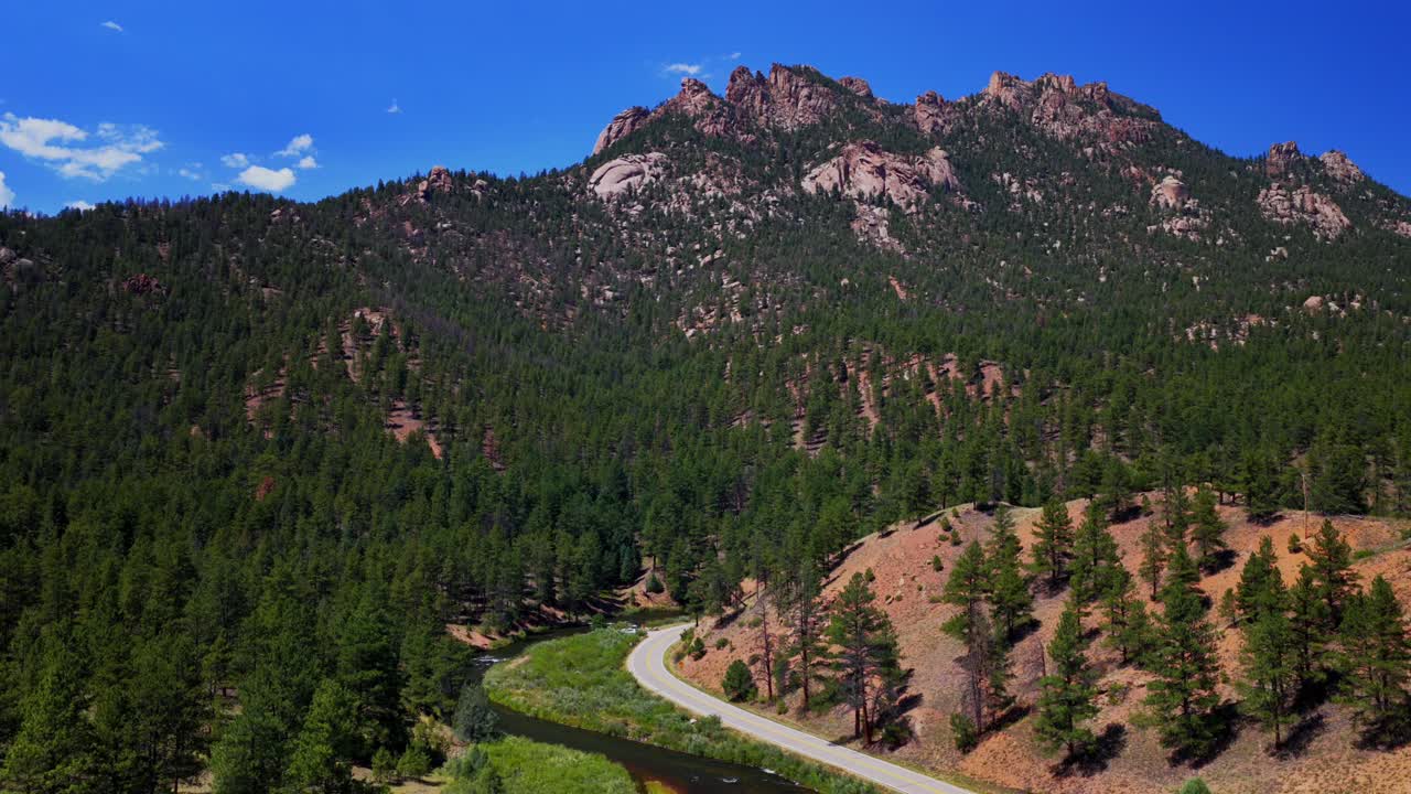 South Platte River Deckers Foxton Conifer Pine aerial drone Colorado Trail summer morning sunny blue sky cloud Cheesman Canyon North Fork Buffalo Creek Platte Canyon windy road upwards motion