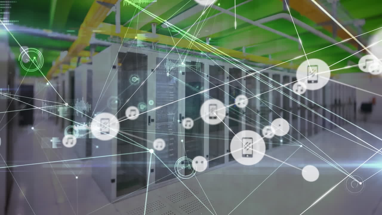 연결 네트워크의 애니메이션과 컴퓨터 서버를 통한 데이터 처리