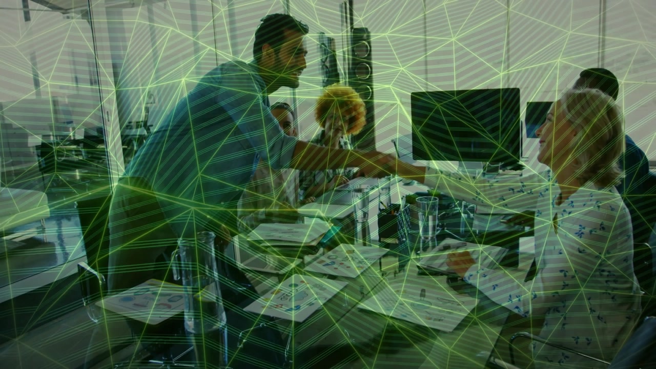 Walking man initiating handshake with colleague at business glass table while others watching