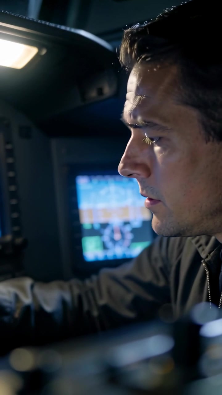 Vertikal video: Pilot i cockpit iført mørk jakke besvarer radioopkald og tjekker displays